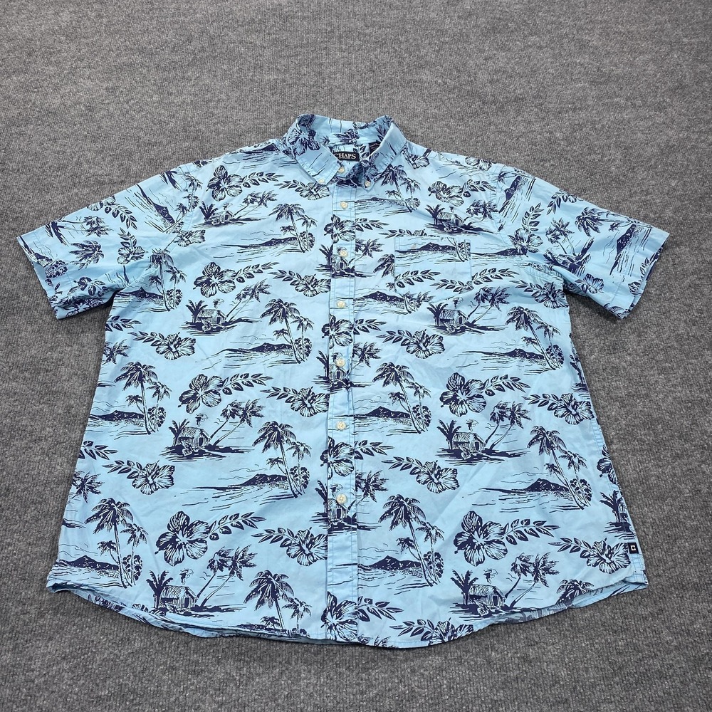 Chaps‎ Shirt Mens 2XL Blue Floral Short Sleeve Button Up Casual Relaxed Fit